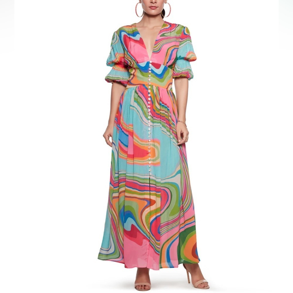 Colorful maxi midi dress puff sleeve vneck button down swirl print